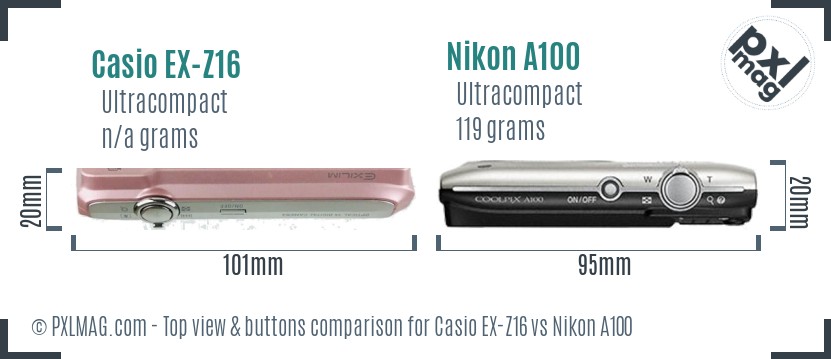 Casio EX-Z16 vs Nikon A100 top view buttons comparison