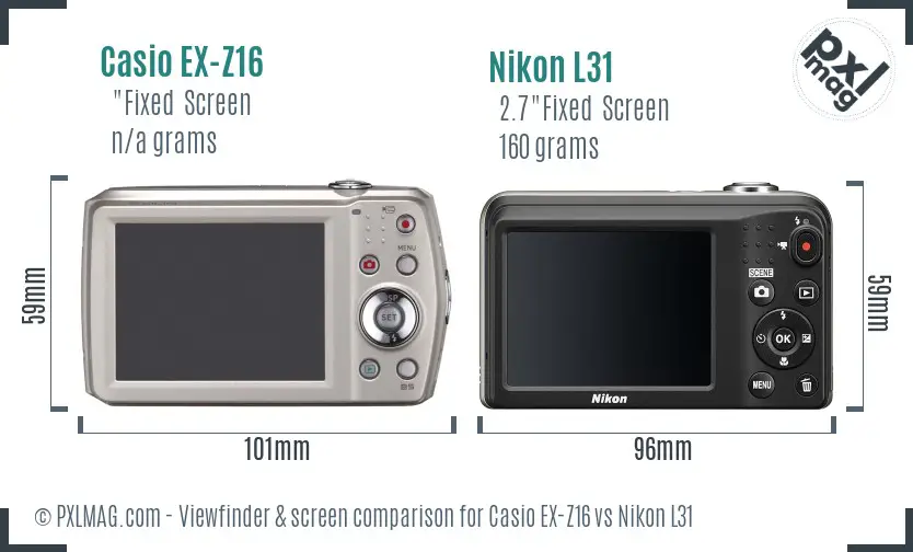 Casio EX-Z16 vs Nikon L31 Screen and Viewfinder comparison