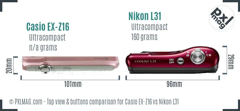 Casio EX-Z16 vs Nikon L31 top view buttons comparison
