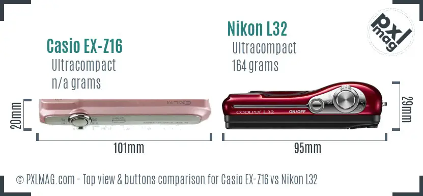 Casio EX-Z16 vs Nikon L32 top view buttons comparison