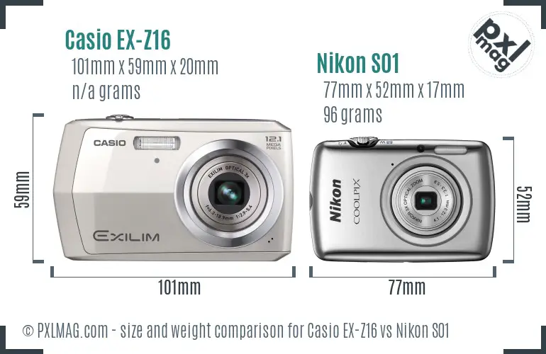 Casio EX-Z16 vs Nikon S01 size comparison