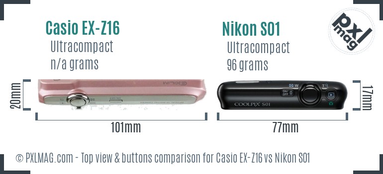Casio EX-Z16 vs Nikon S01 top view buttons comparison