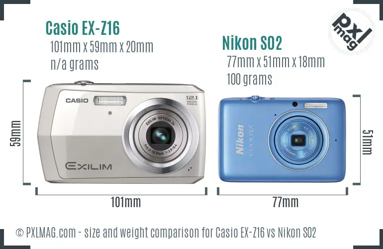 Casio EX-Z16 vs Nikon S02 size comparison