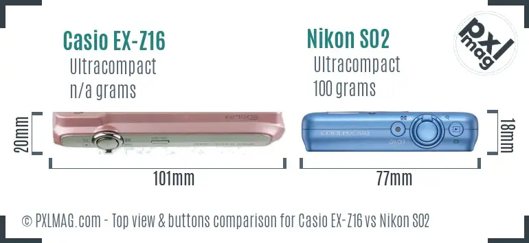 Casio EX-Z16 vs Nikon S02 top view buttons comparison