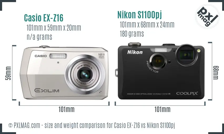 Casio EX-Z16 vs Nikon S1100pj size comparison