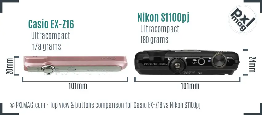 Casio EX-Z16 vs Nikon S1100pj top view buttons comparison