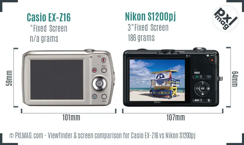 Casio EX-Z16 vs Nikon S1200pj Screen and Viewfinder comparison
