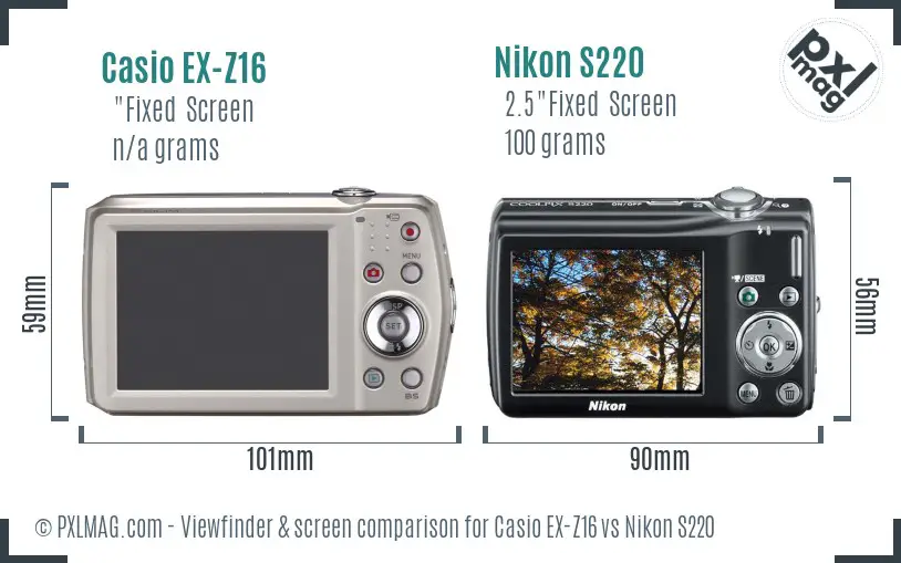 Casio EX-Z16 vs Nikon S220 Screen and Viewfinder comparison