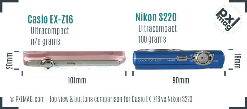 Casio EX-Z16 vs Nikon S220 top view buttons comparison