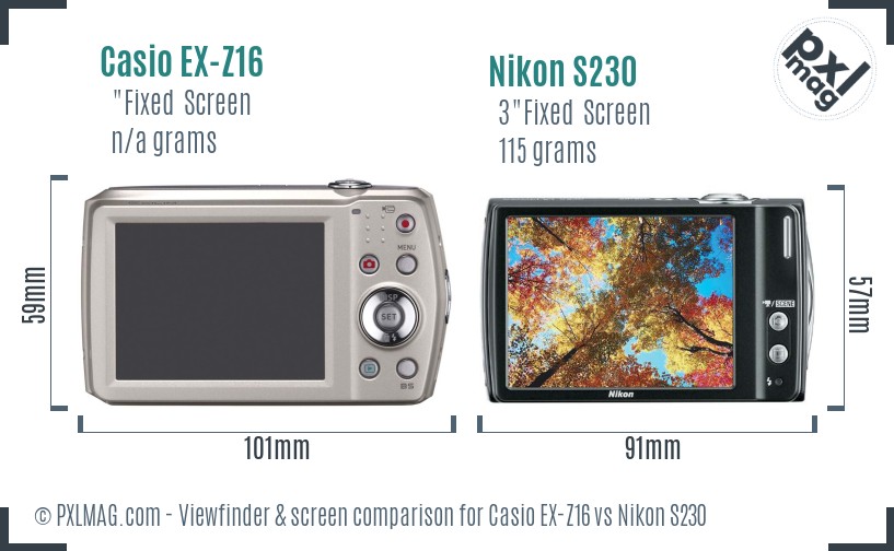Casio EX-Z16 vs Nikon S230 Screen and Viewfinder comparison