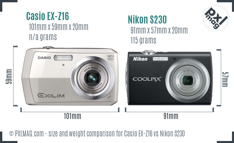 Casio EX-Z16 vs Nikon S230 size comparison