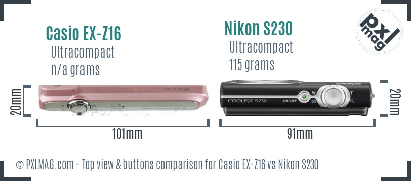 Casio EX-Z16 vs Nikon S230 top view buttons comparison