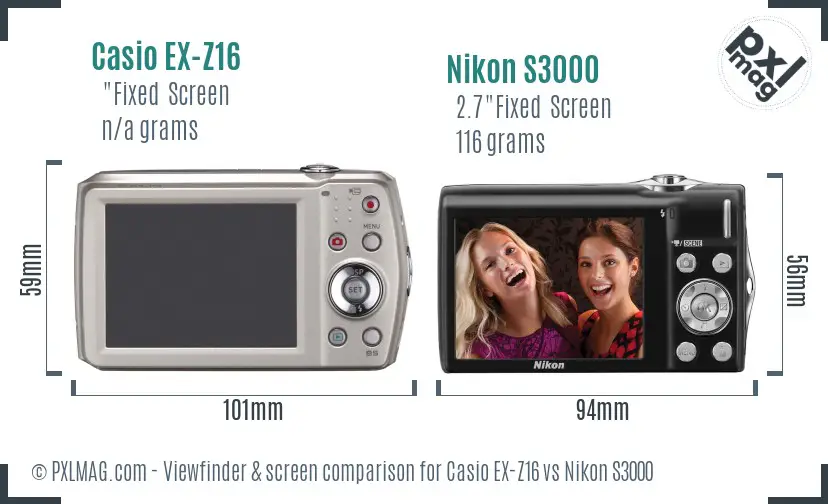 Casio EX-Z16 vs Nikon S3000 Screen and Viewfinder comparison