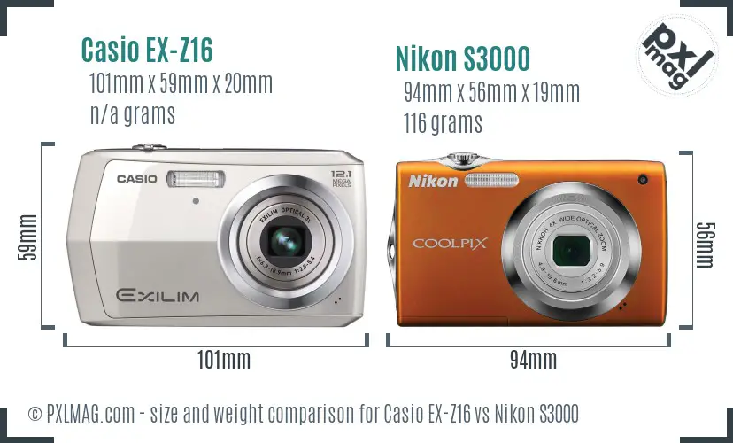 Casio EX-Z16 vs Nikon S3000 size comparison