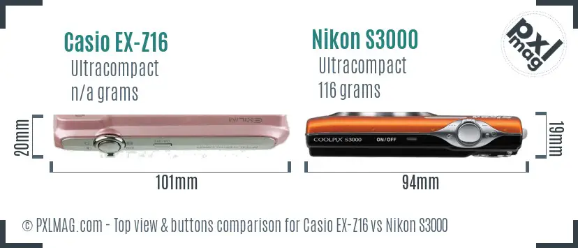 Casio EX-Z16 vs Nikon S3000 top view buttons comparison