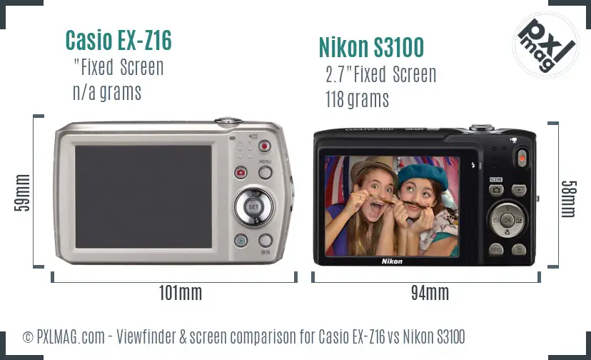 Casio EX-Z16 vs Nikon S3100 Screen and Viewfinder comparison