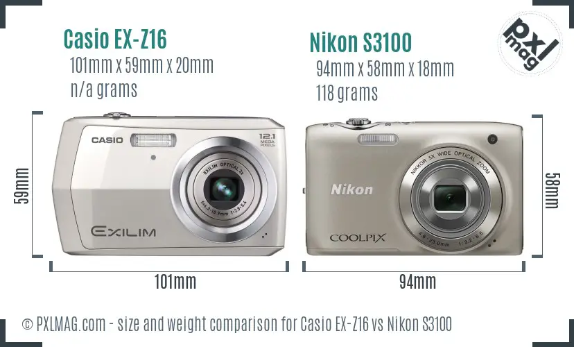Casio EX-Z16 vs Nikon S3100 size comparison