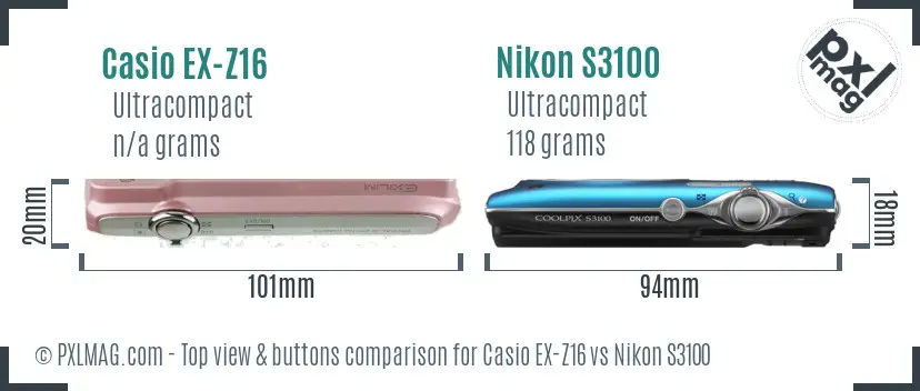 Casio EX-Z16 vs Nikon S3100 top view buttons comparison