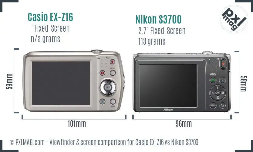 Casio EX-Z16 vs Nikon S3700 Screen and Viewfinder comparison