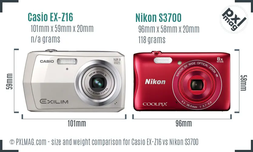 Casio EX-Z16 vs Nikon S3700 size comparison