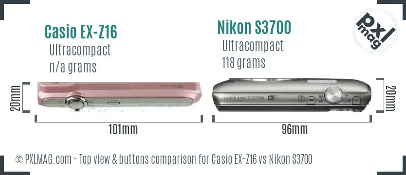 Casio EX-Z16 vs Nikon S3700 top view buttons comparison