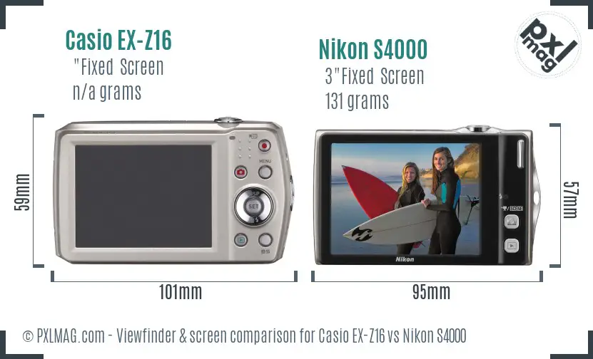 Casio EX-Z16 vs Nikon S4000 Screen and Viewfinder comparison