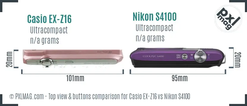 Casio EX-Z16 vs Nikon S4100 top view buttons comparison