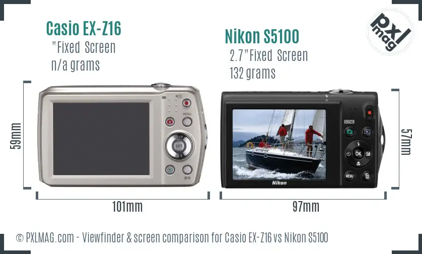 Casio EX-Z16 vs Nikon S5100 Screen and Viewfinder comparison