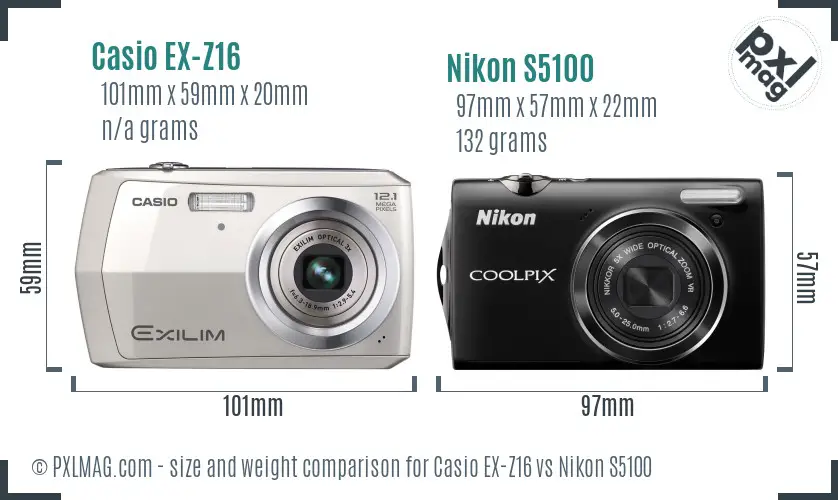 Casio EX-Z16 vs Nikon S5100 size comparison