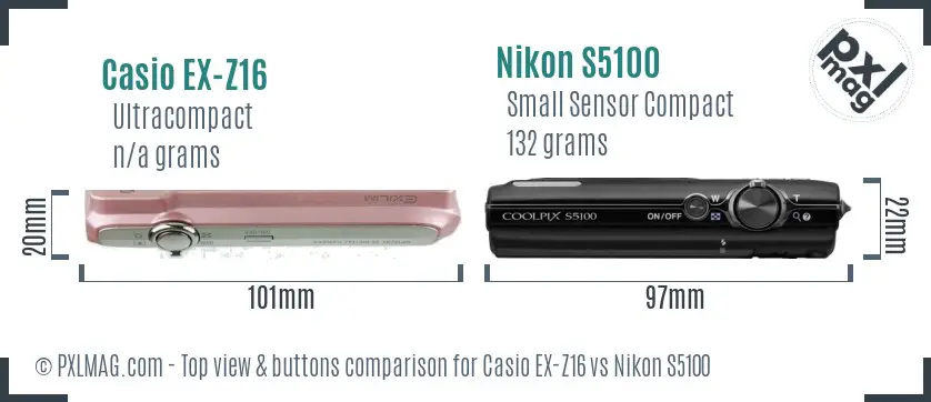 Casio EX-Z16 vs Nikon S5100 top view buttons comparison