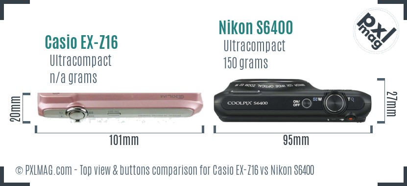 Casio EX-Z16 vs Nikon S6400 top view buttons comparison