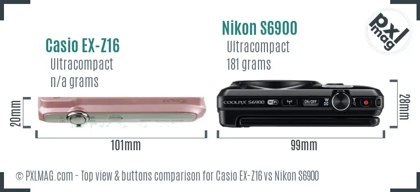 Casio EX-Z16 vs Nikon S6900 top view buttons comparison