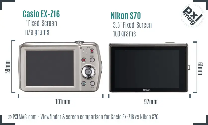 Casio EX-Z16 vs Nikon S70 Screen and Viewfinder comparison