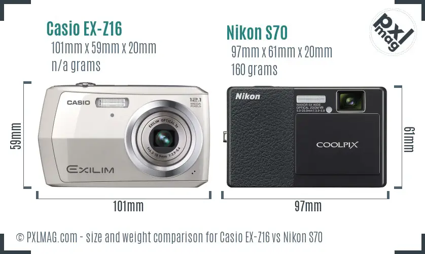 Casio EX-Z16 vs Nikon S70 size comparison