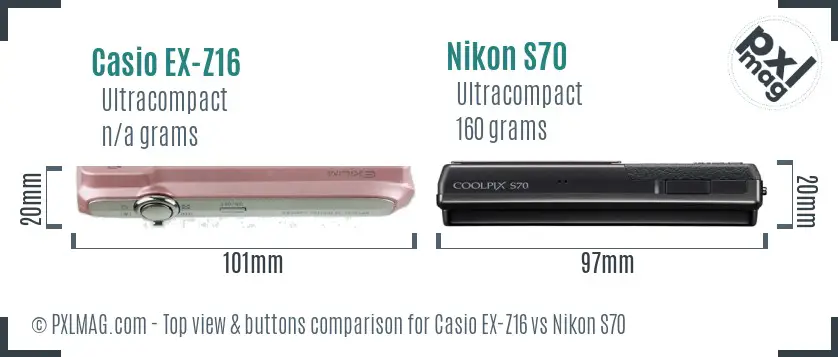 Casio EX-Z16 vs Nikon S70 top view buttons comparison