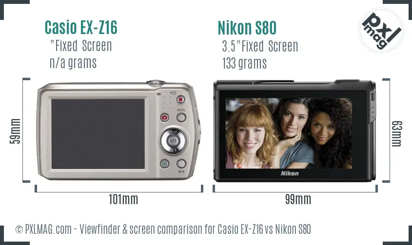 Casio EX-Z16 vs Nikon S80 Screen and Viewfinder comparison