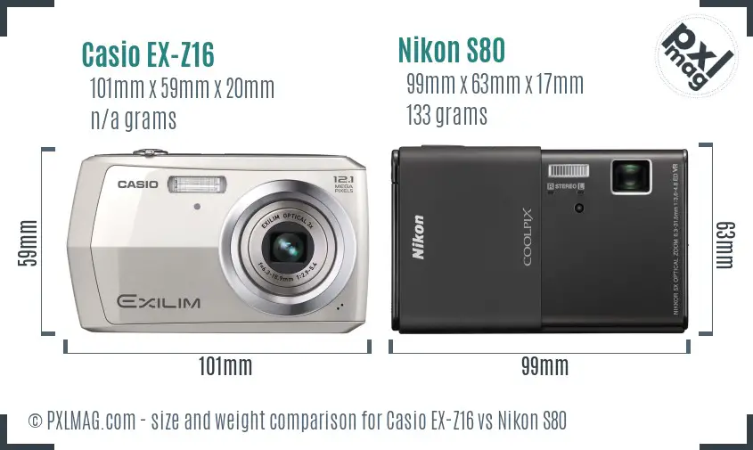Casio EX-Z16 vs Nikon S80 size comparison