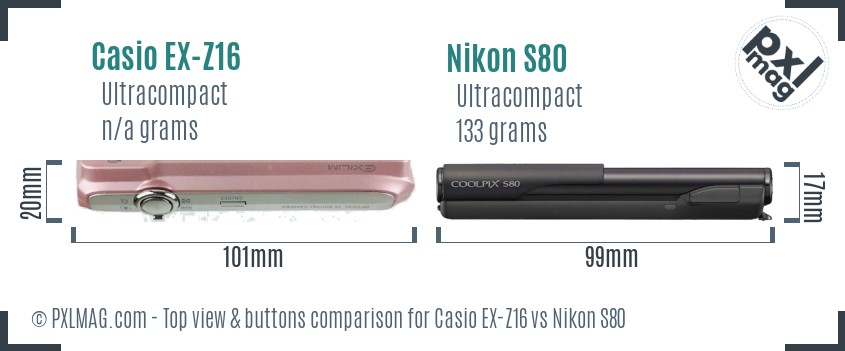 Casio EX-Z16 vs Nikon S80 top view buttons comparison