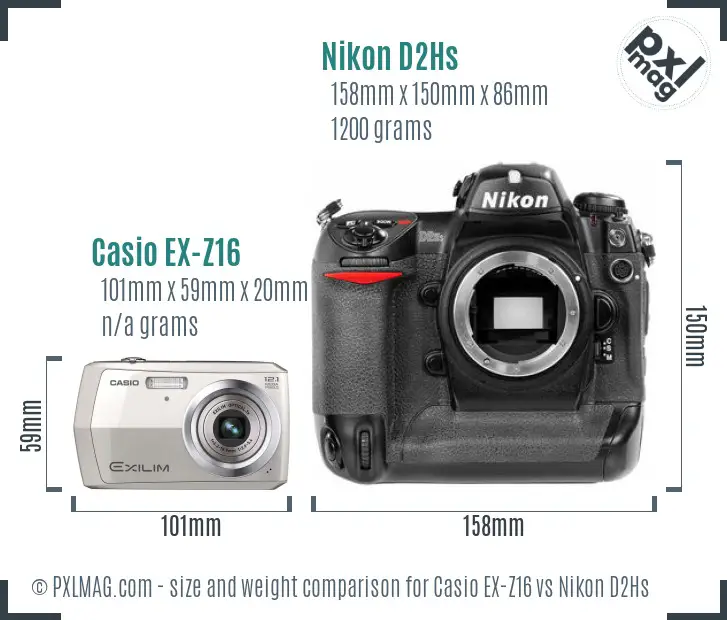 Casio EX-Z16 vs Nikon D2Hs size comparison