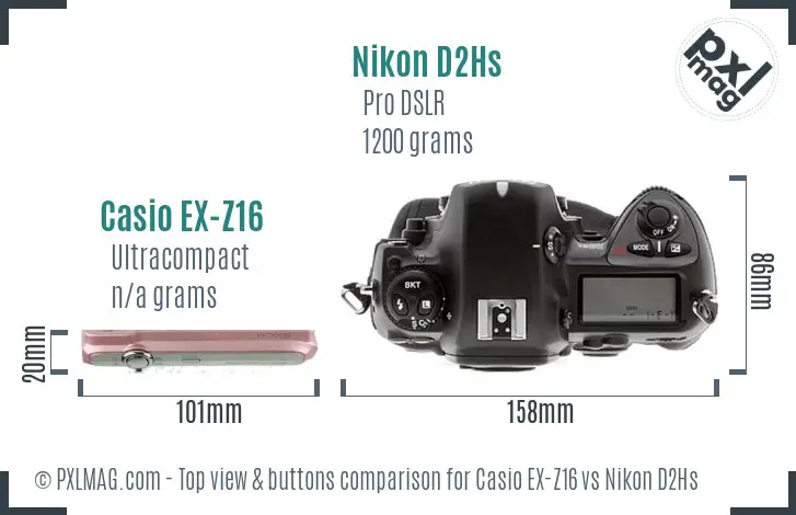 Casio EX-Z16 vs Nikon D2Hs top view buttons comparison