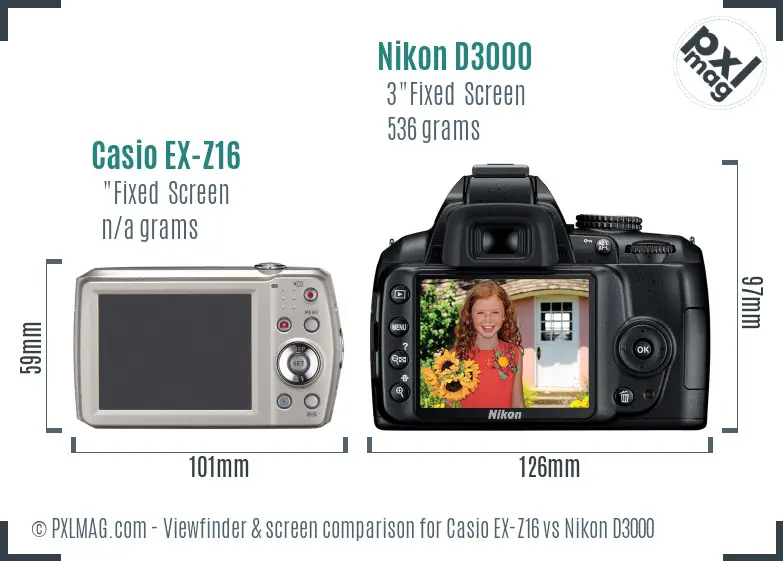 Casio EX-Z16 vs Nikon D3000 Screen and Viewfinder comparison