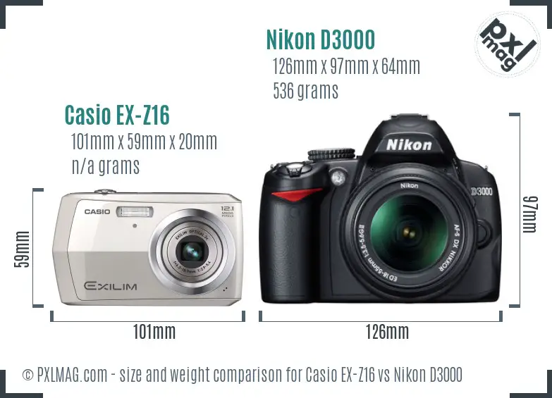 Casio EX-Z16 vs Nikon D3000 size comparison