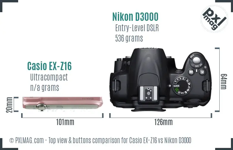 Casio EX-Z16 vs Nikon D3000 top view buttons comparison