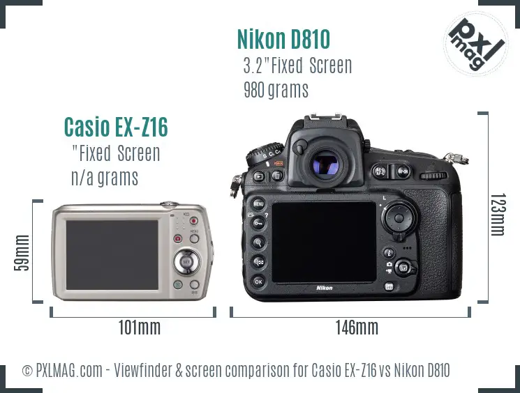 Casio EX-Z16 vs Nikon D810 Screen and Viewfinder comparison
