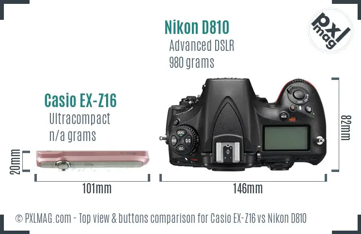 Casio EX-Z16 vs Nikon D810 top view buttons comparison