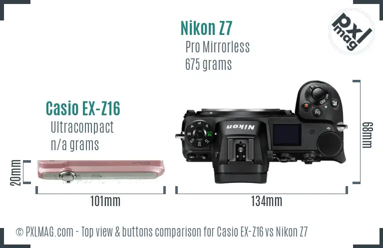 Casio EX-Z16 vs Nikon Z7 top view buttons comparison