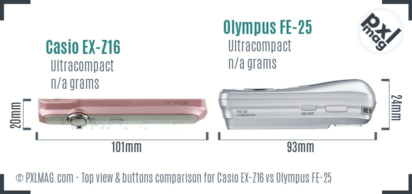 Casio EX-Z16 vs Olympus FE-25 top view buttons comparison