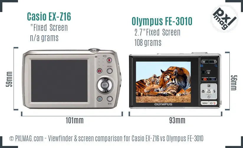 Casio EX-Z16 vs Olympus FE-3010 Screen and Viewfinder comparison