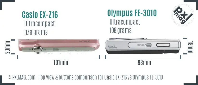 Casio EX-Z16 vs Olympus FE-3010 top view buttons comparison