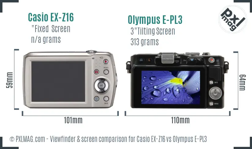 Casio EX-Z16 vs Olympus E-PL3 Screen and Viewfinder comparison